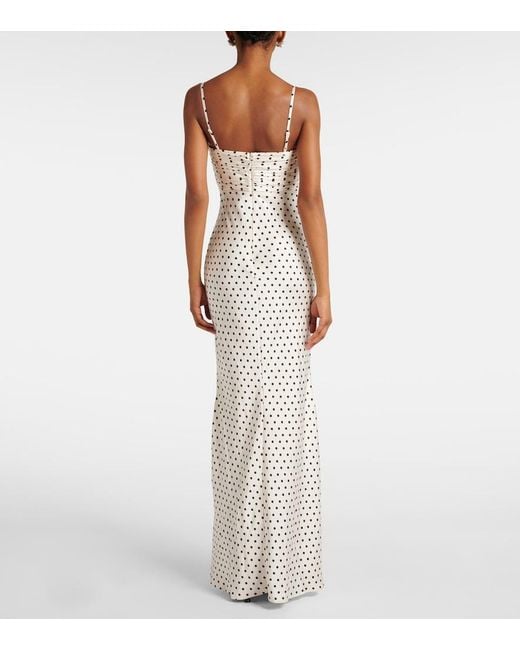 Self-Portrait White Floral-Applique Polka-Dot Satin Maxi Dress