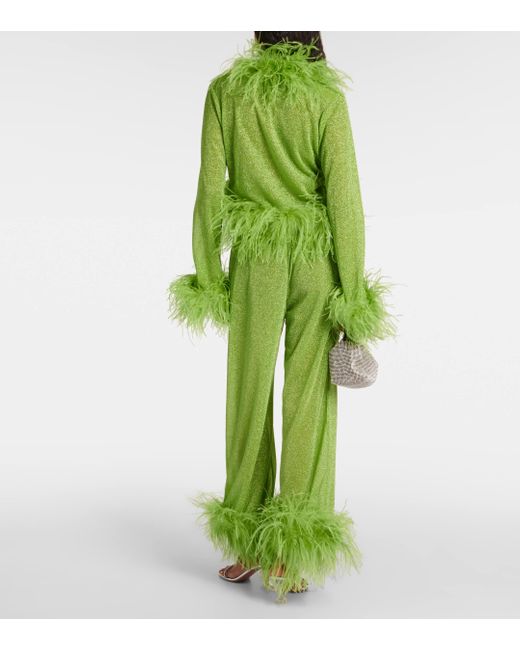 Oseree Green Lumiere Plumage Feather-trimmed Top