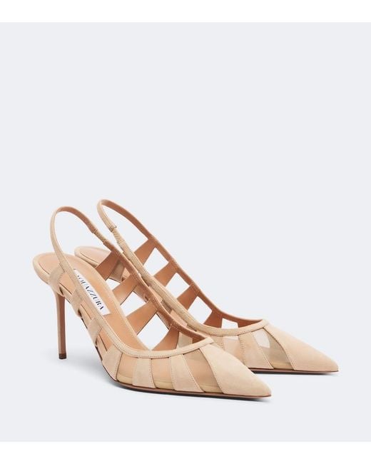 Aquazzura Natural Screen Suede And Mesh Slingback Pumps
