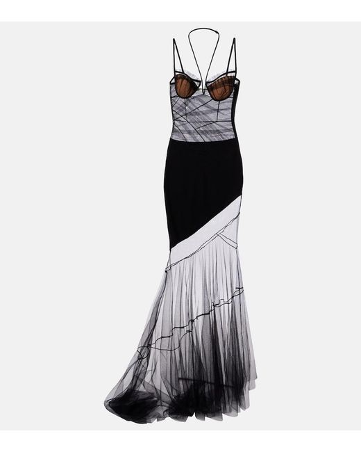 Nensi Dojaka Black Asymmetric Draped Sheer Maxi Dress