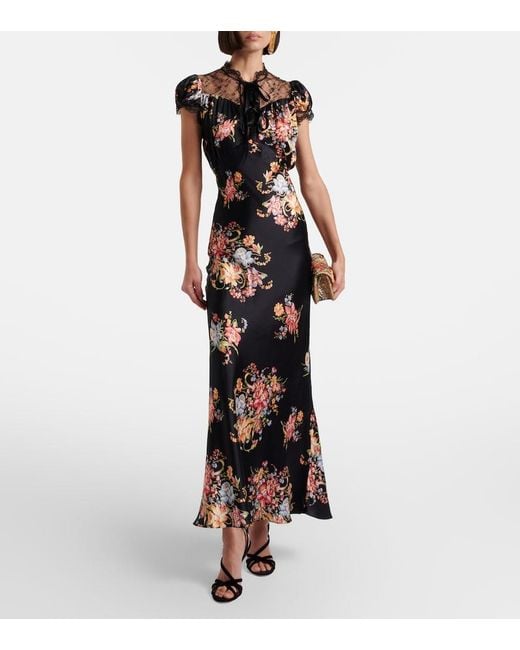 Rodarte Black Floral Lace-Trimmed Silk Midi Dress