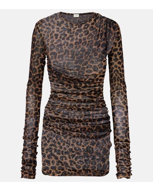 Vestido Corto De Tul Fruncido Saint Laurent de color Brown