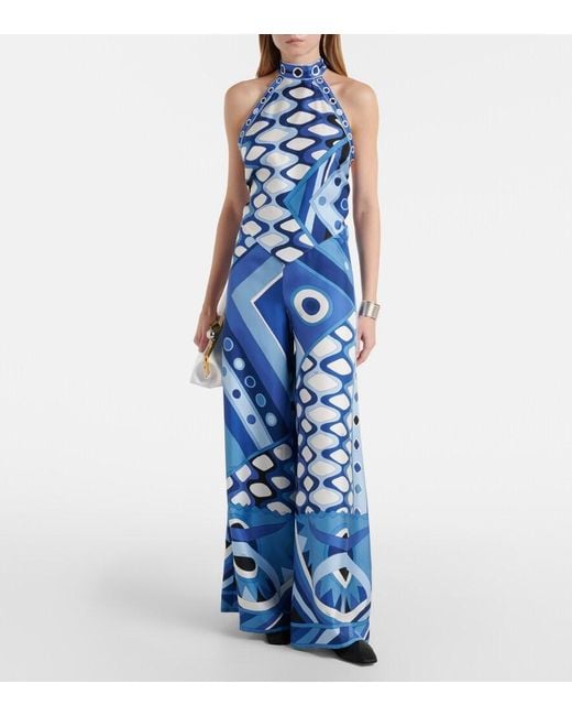 Emilio Pucci Blue Vivara High-Rise Silk Wide-Leg Pants