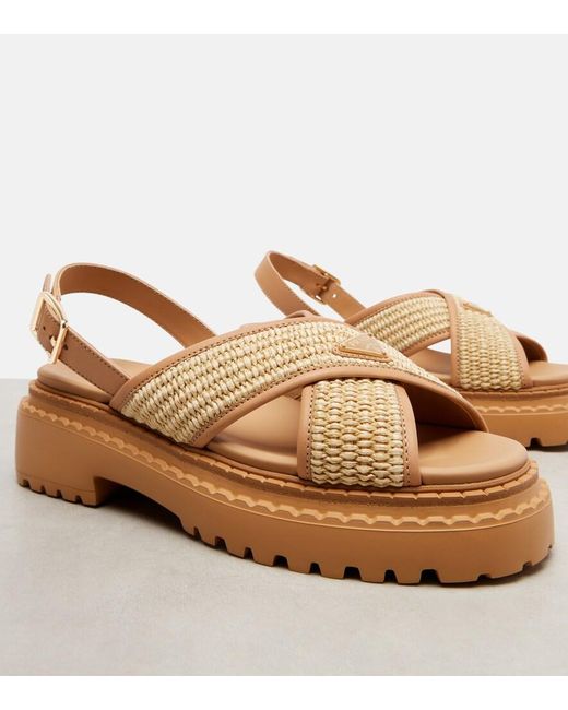 Prada Brown Leather-Raffia Crossover Platform Sandals 55