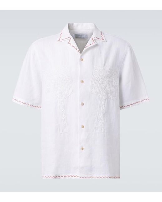 Frescobol Carioca White Flavio Embroidered Linen Bowling Shirt for men