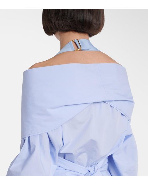 Patou Blue Draped Cotton Poplin Blouse