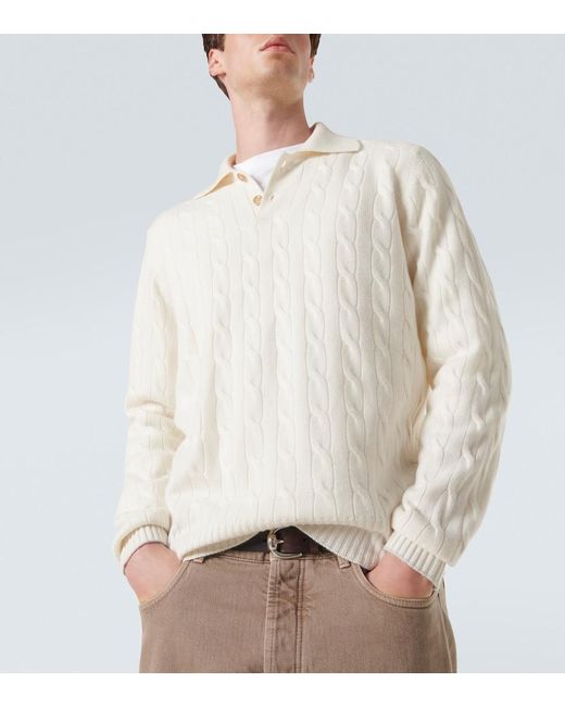 Brunello Cucinelli White Cable-Knit Cashmere Polo Sweater for men