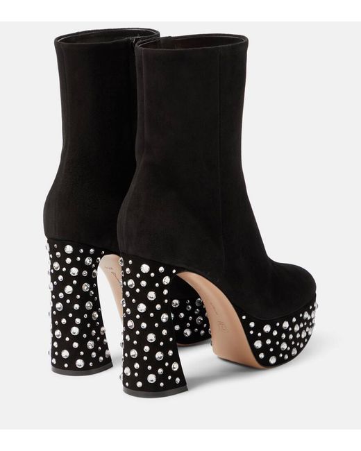 Gianvito Rossi Black Crystal Holly Suede Platform Ankle Boots