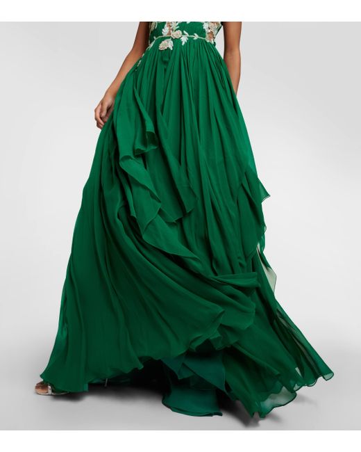 Robe longue brodee en soie Costarellos en coloris Green