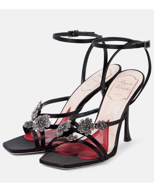 Roger Vivier Black I Love Vivier Flower 100 Satin Sandals