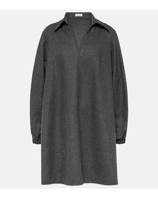 Brunello Cucinelli Gray Balloon-Sleeve Flannel Minidress