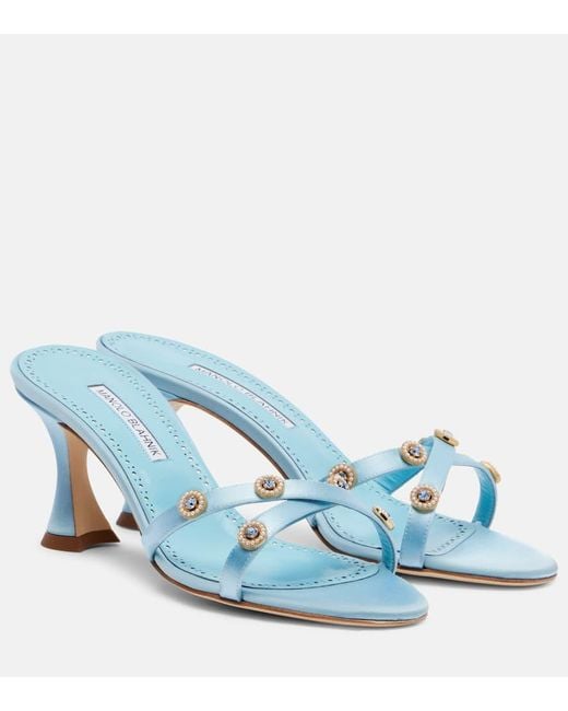 Manolo Blahnik Blue Pyrenea Embellished Satin Mules