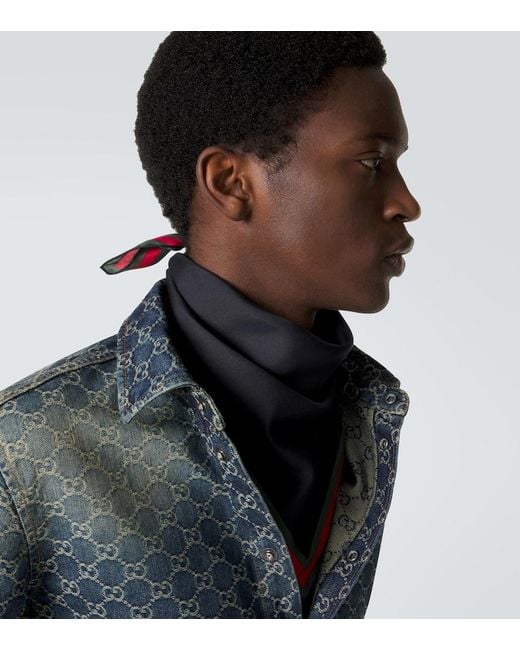 Gucci Blue Web Stripe Cotton And Silk Scarf for men
