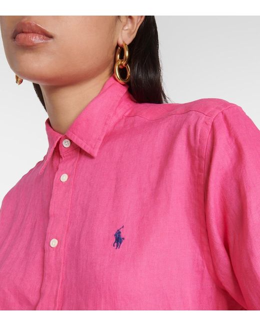 Camicia in lino con logo di Polo Ralph Lauren in Pink