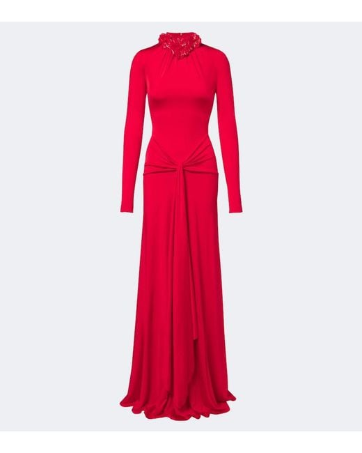 David Koma Red Draped Floral-Applique Gown