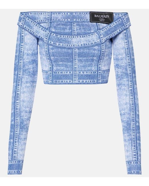 Balmain Blue Trompe L'Oeil Crop Top