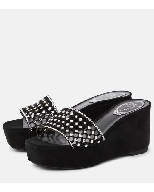 Rene Caovilla Black Embellished Suede Platform Slides