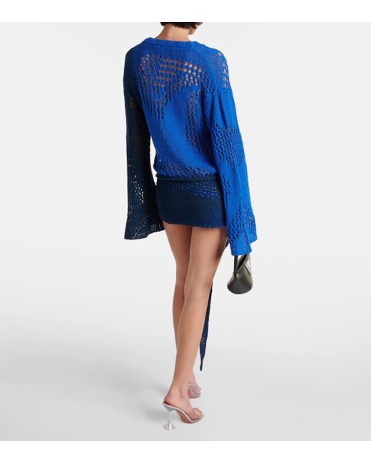 The Attico Blue Belted Printed Cotton Crochet Minidress