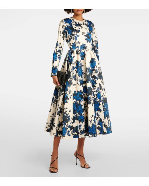 Emilia Wickstead Blue Annie Floral Long Sleeve Taffeta Faille A-line Dress