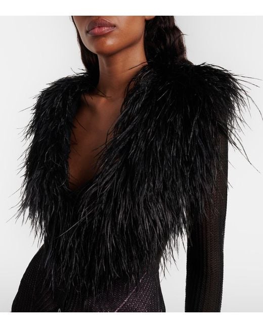 Blumarine Black Feather-Trimmed Ribbed-Knit Cardigan