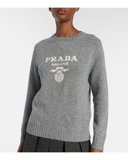 Prada Gray Intarsien-Pullover Aus Kaschmir