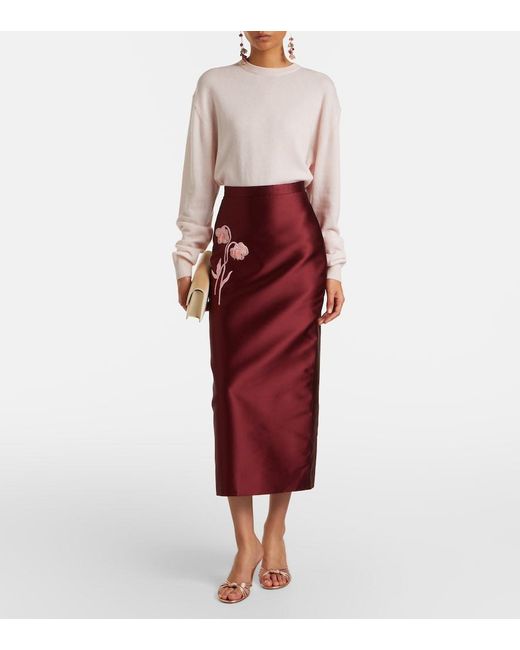 Erdem Red Floral-Applique Satin Slip Skirt