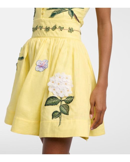 Agua Bendita Yellow Nori Floral-Applique Linen Miniskirt