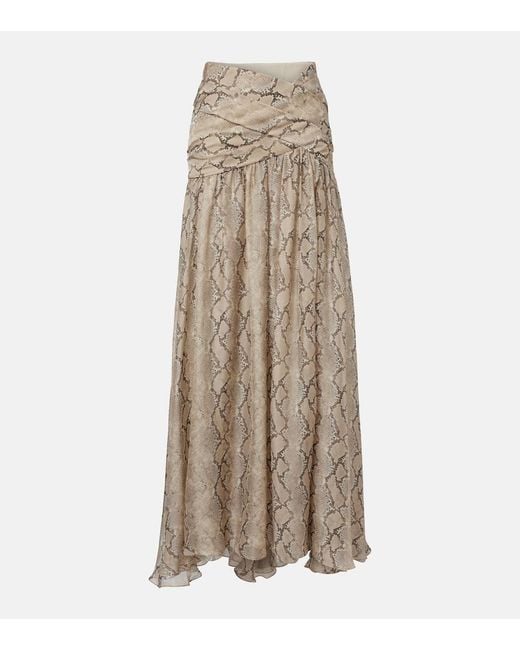 Elie Saab Natural Snake-Print Silk Chiffon Maxi Skirt