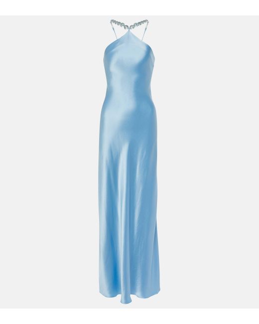 Staud Blue Cadence Beaded Satin Gown