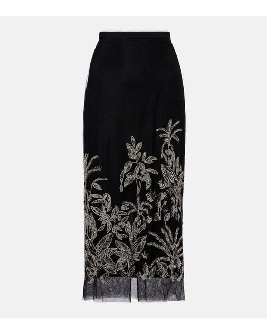 Costarellos Black Leyla Beaded Tulle Midi Skirt