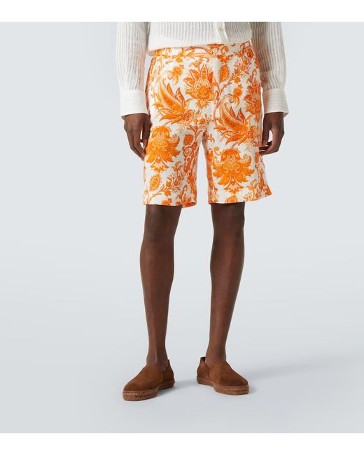 Etro Orange Paisley Linen Bermuda Shorts for men