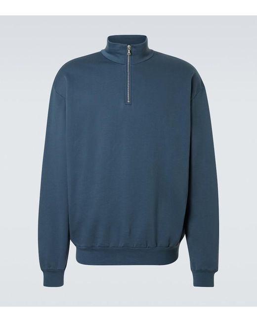 Auralee Blue Cotton Half-Zip Sweatshirt for men