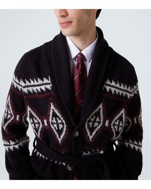 Brunello Cucinelli Black Jacquard Wool, Silk, And Cashmere Cardigan for men