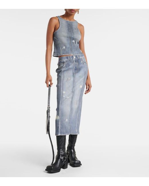 Acne Blue Mid-Rise Printed Denim Midi Skirt