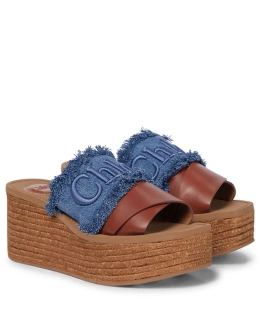 Chloé Blue Woody Denim Platform Espadrille Sandals