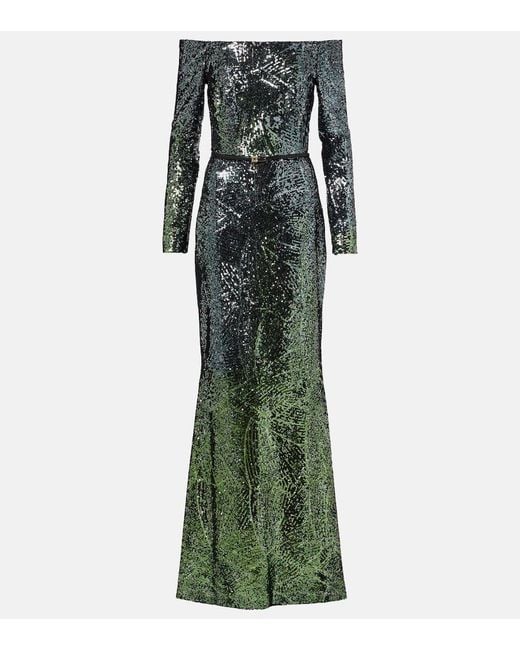 Robe Longue En Soie Melangee A Sequins Elie Saab en coloris Green