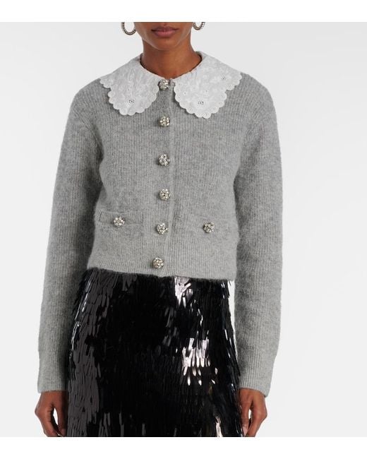 Self-Portrait Gray Embellished Lace-Trimmed Cardigan