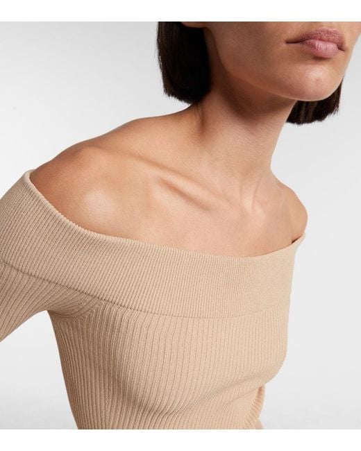Alaïa Natural Ribbed-Knit Off-Shoulder Bodysuit