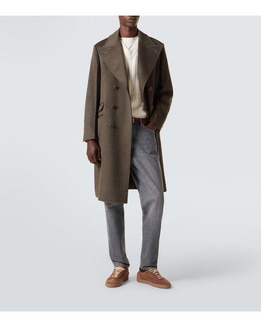 Brunello Cucinelli Brown Double-Breasted Virgin Wool Overcoat for men