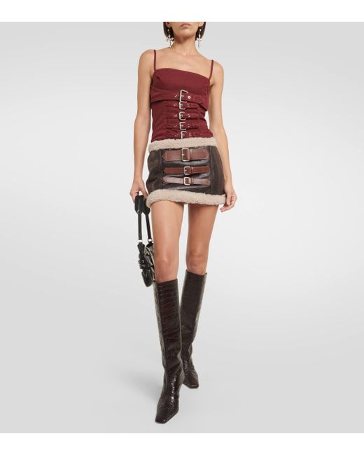 Blumarine Brown Shearling-trimmed Leather Miniskirt