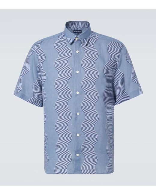 Frescobol Carioca Blue Castro Printed Linen Shirt for men