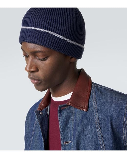Brunello Cucinelli Blue Ribbed-Knit Cotton Beanie for men