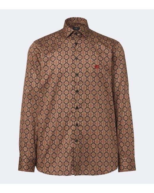Etro Brown Printed Cotton Poplin Shirt for men