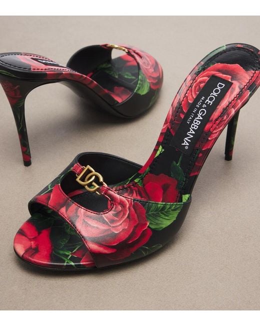 Dolce & Gabbana Red Dg Floral Leather Mules