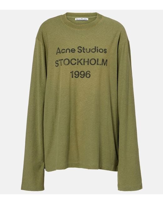 Acne Green Logo Printed Cotton And Hemp T-Shirt