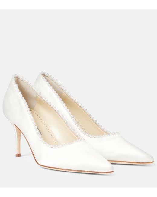 Manolo Blahnik White Kifat 70 Embellished Satin Pumps