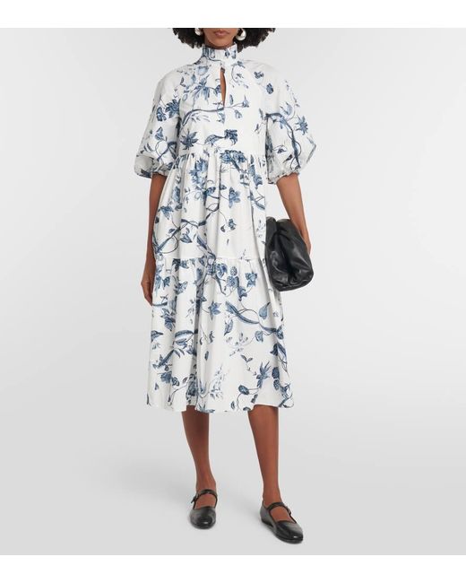 Erdem Blue Floral-print Tiered-skirt Cotton Midi Dress