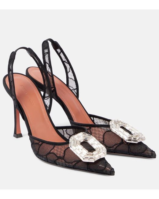 AMINA MUADDI Black Camelia 90 Lace Slingback Pumps