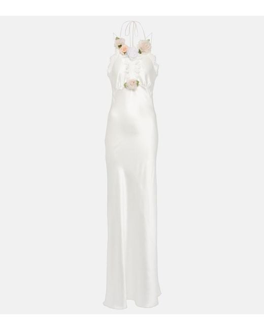 Rodarte White Bridal Floral-Applique Lace-Trimmed Silk Gown