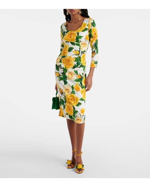 Vestido midi de mezcla de seda floral Dolce & Gabbana de color Yellow